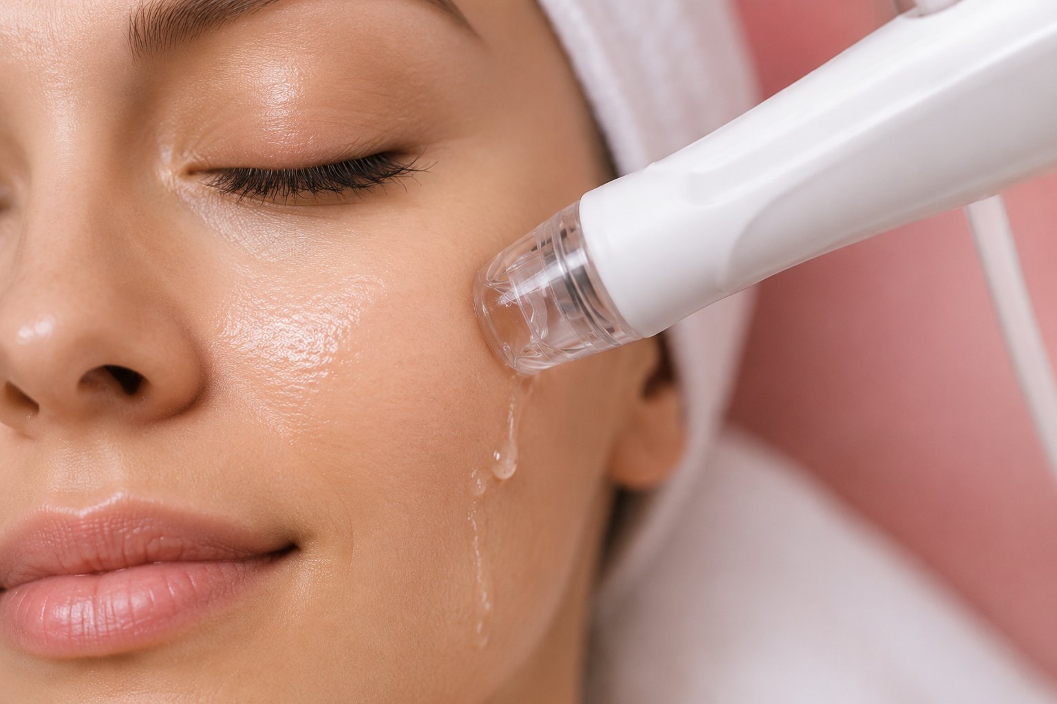 Woman applying clear liquid serum from a white dropper pen to her cheek against a pink background
